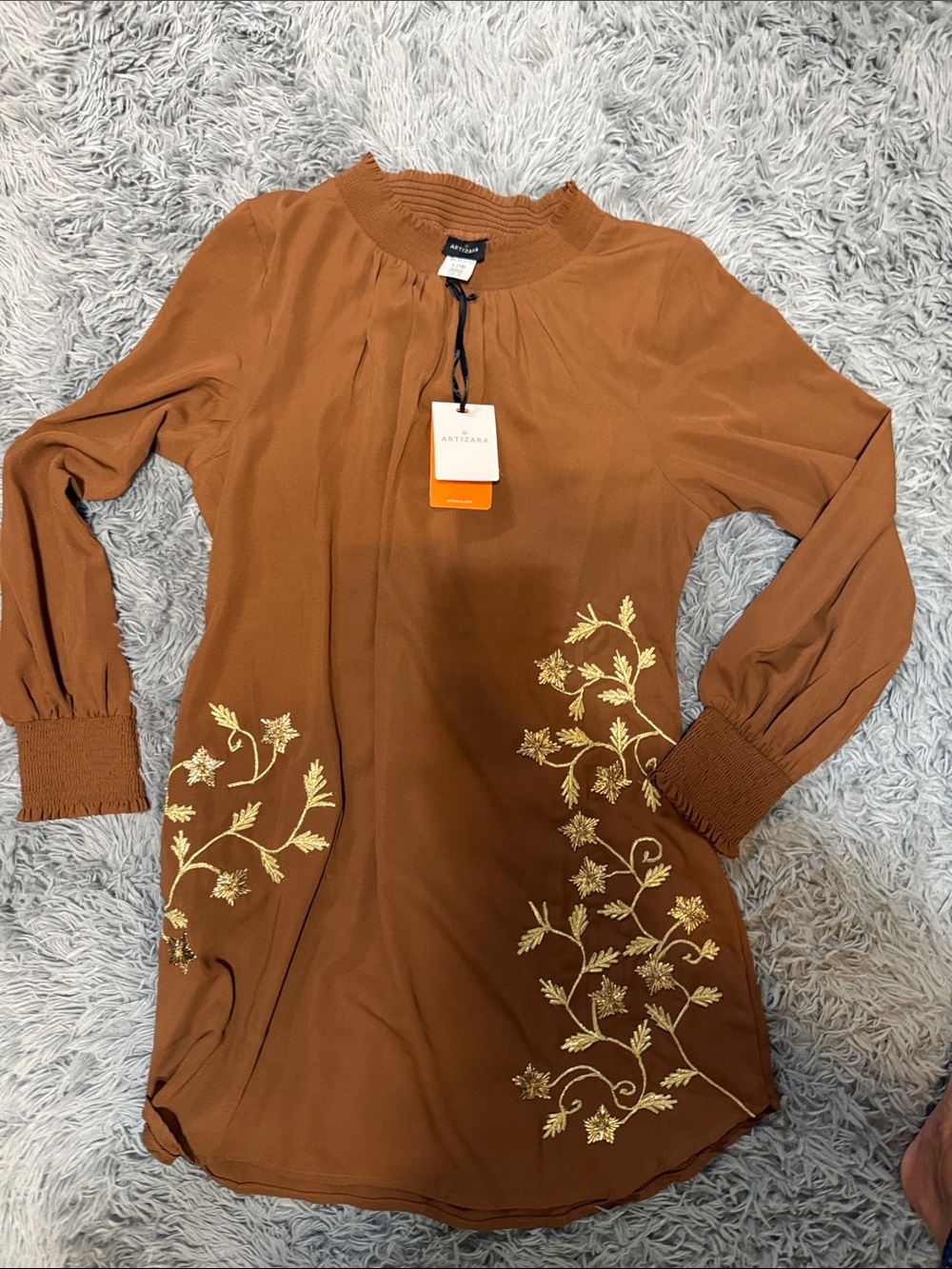 Embroidered Rust Brown Long Sleeve Dress by Artizara